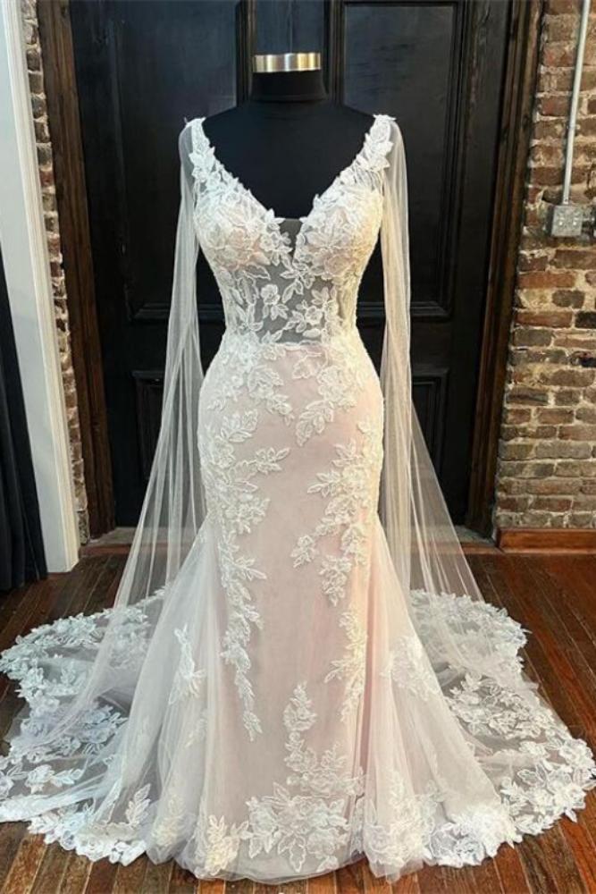 Ivory V-Neck Lace Mermaid Long Wedding Dress