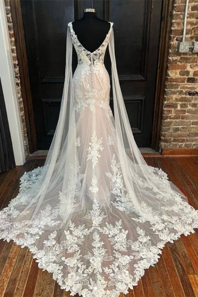 Ivory V-Neck Lace Mermaid Long Wedding Dress