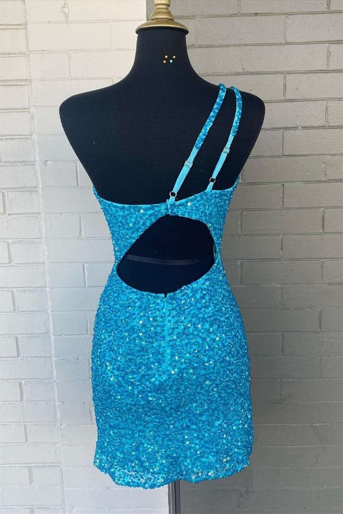 One Shoulder Blue Sequin Bodycon Homecoming Dress