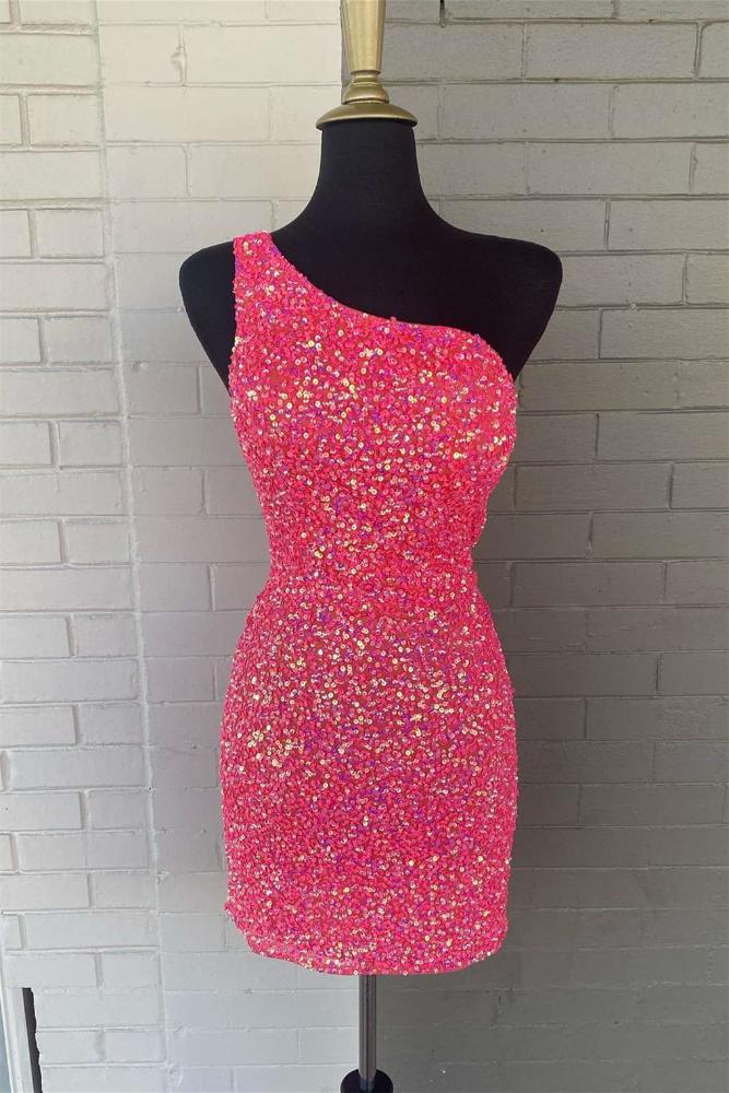 One Shoulder Hot Pink Sequin Bodycon Homecoming Dress