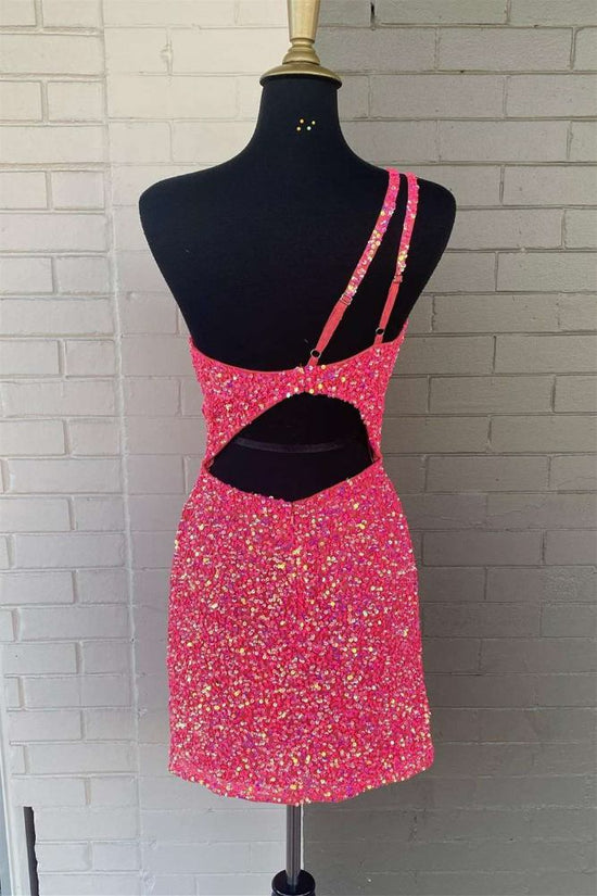 One Shoulder Hot Pink Sequin Bodycon Homecoming Dress