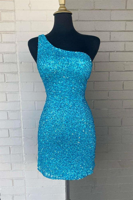 One Shoulder Blue Sequin Bodycon Homecoming Dress