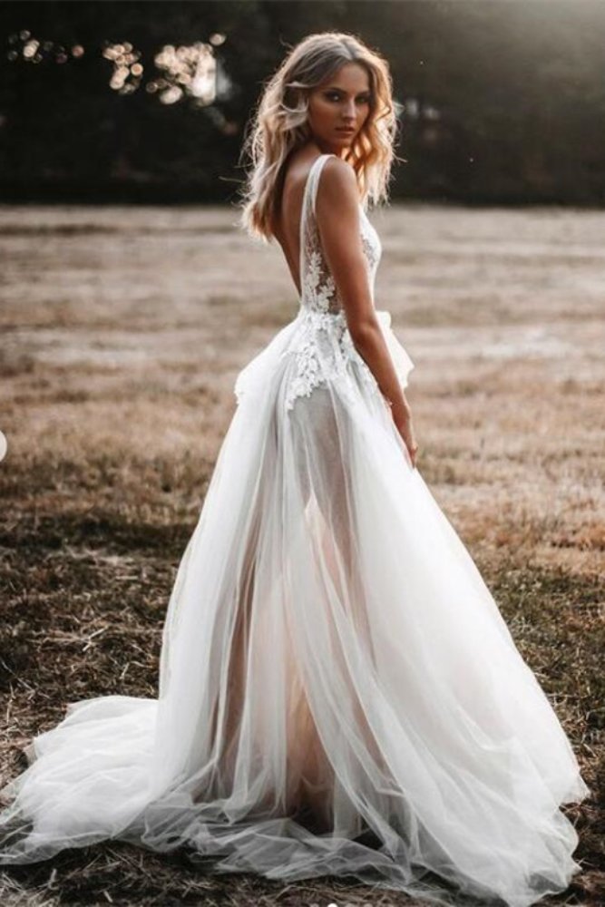 Ivory Plunging Neck Tiered Tulle Long Bridal Dress