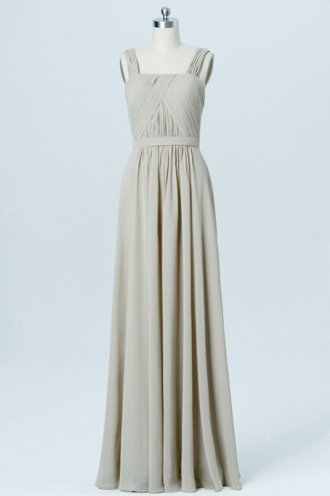 Taupe Square Neck Pleated Chiffon Bridesmaid Dress