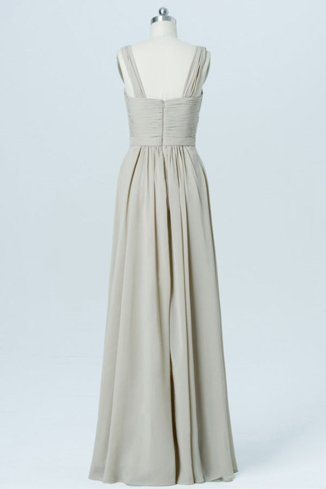 Taupe Square Neck Pleated Chiffon Bridesmaid Dress