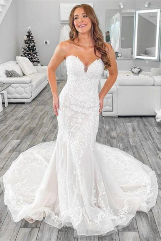 White Strapless Lace Mermaid Wedding Dress with Train