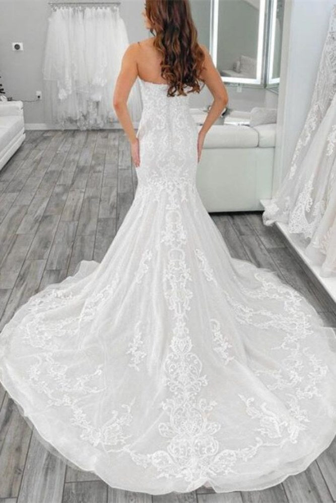 White Strapless Lace Mermaid Wedding Dress with Train