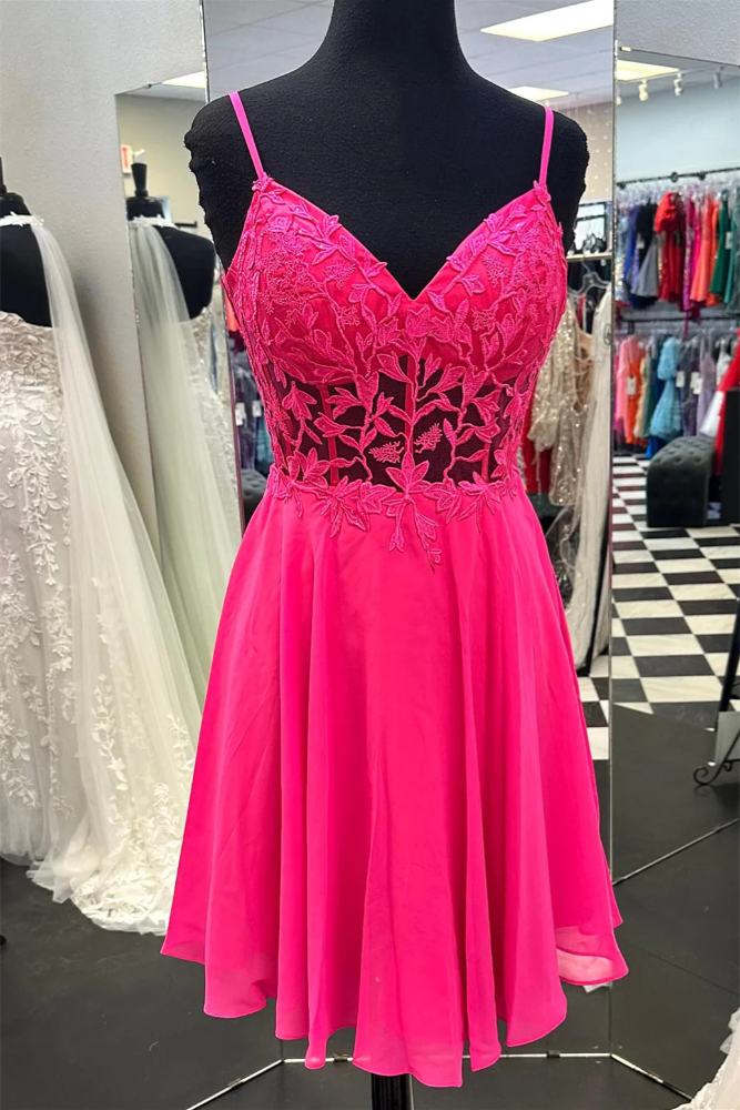 Hot Pink Straps Applique A-line Homecoming Dress