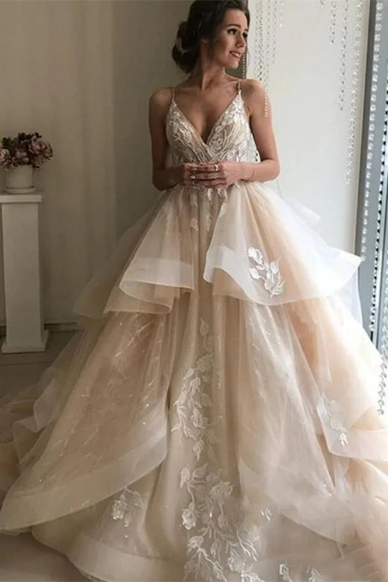 Champagne V-Neck Applique Ruffle Bridal Dress