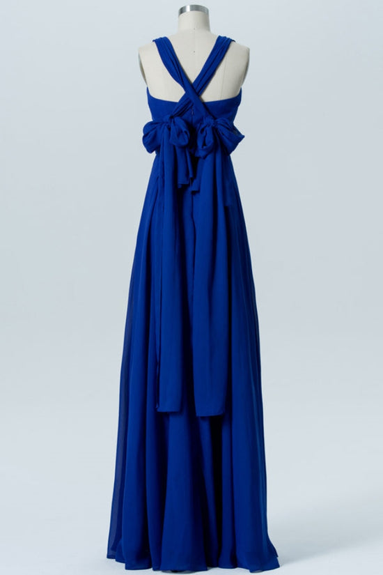 Royal Blue Pleated  Long Bridesmaid Dress with Bow Back