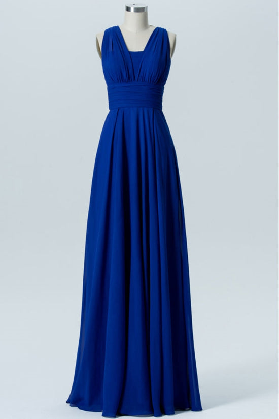 Royal Blue Pleated  Long Bridesmaid Dress with Bow Back