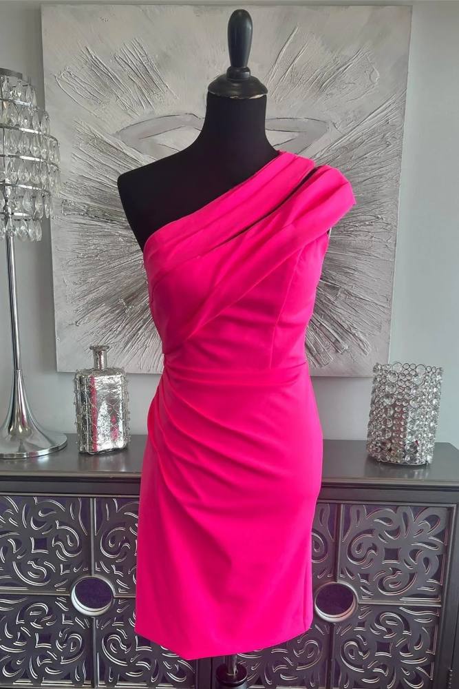 Hot Pink One Shoulder Pleated Homecoming Dress