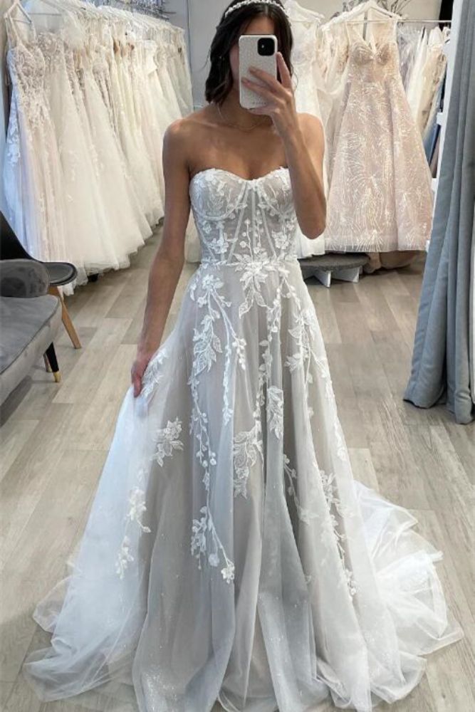 White Strapless Applique Long Wedding Dress