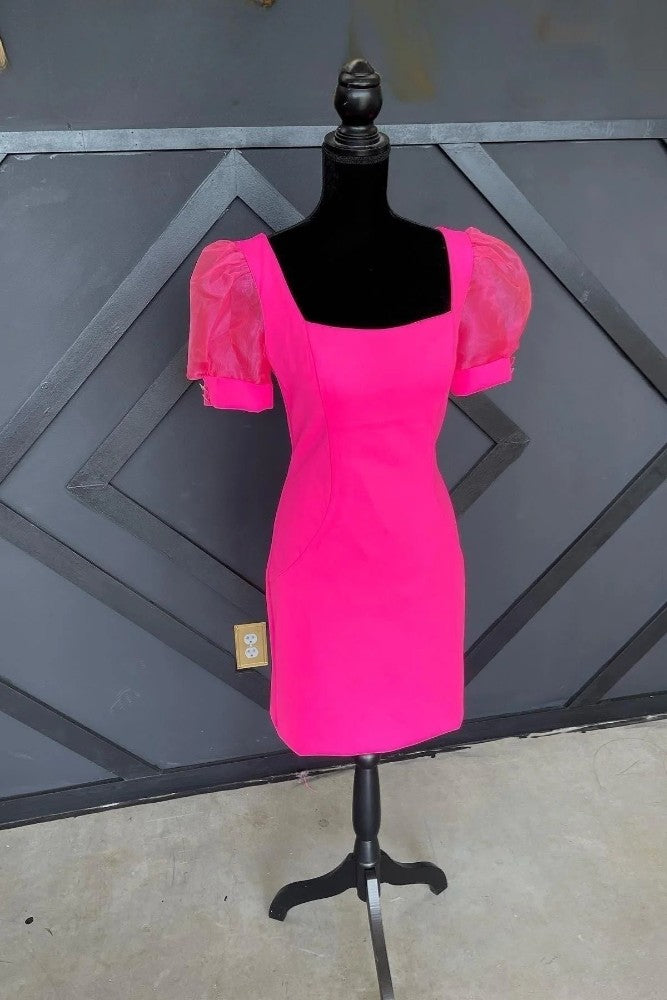 Hot Pink Square Neck Homecoming Dress with Puff Sleeve