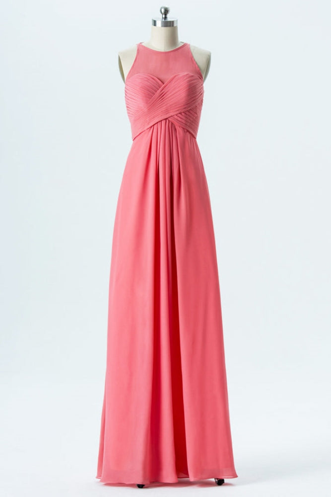 Coral Halter High Waist Chiffon Bridesmaid Dress