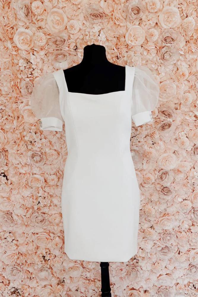 White Square Neck Homecoming Dress with Puff Sleeve