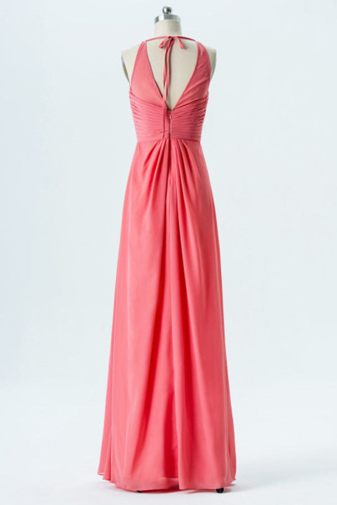 Coral Halter High Waist Chiffon Bridesmaid Dress