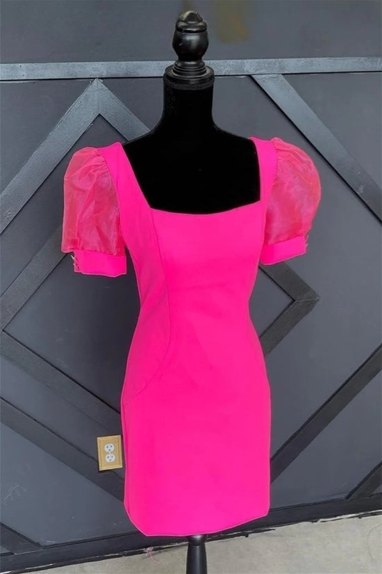 Hot Pink Square Neck Homecoming Dress with Puff Sleeve