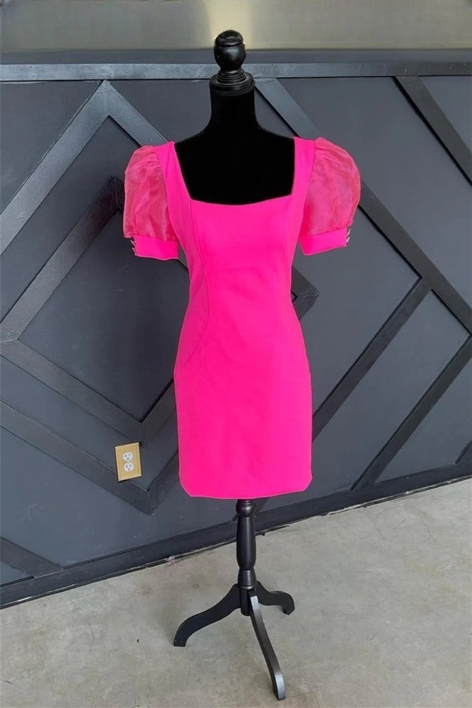 Hot Pink Square Neck Homecoming Dress with Puff Sleeve