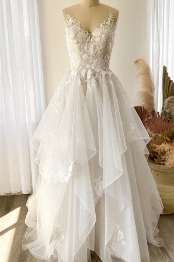 Champagne V-Neck Applique Ruched Tulle Bridal Dress