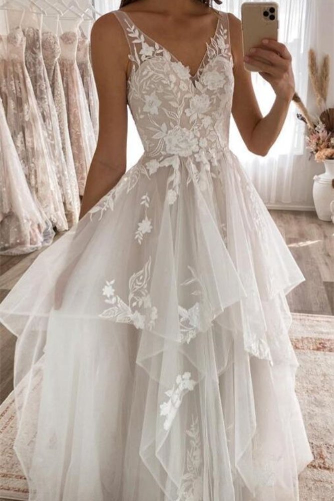 Champagne V-Neck Applique Ruched Tulle Bridal Dress