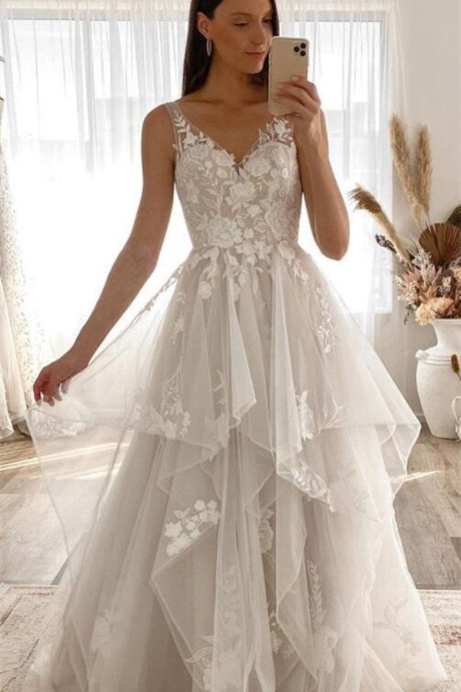 Champagne V-Neck Applique Ruched Tulle Bridal Dress