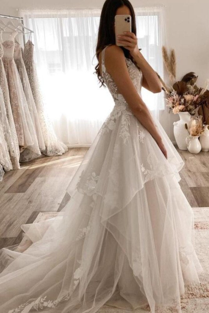 Champagne V-Neck Applique Ruched Tulle Bridal Dress