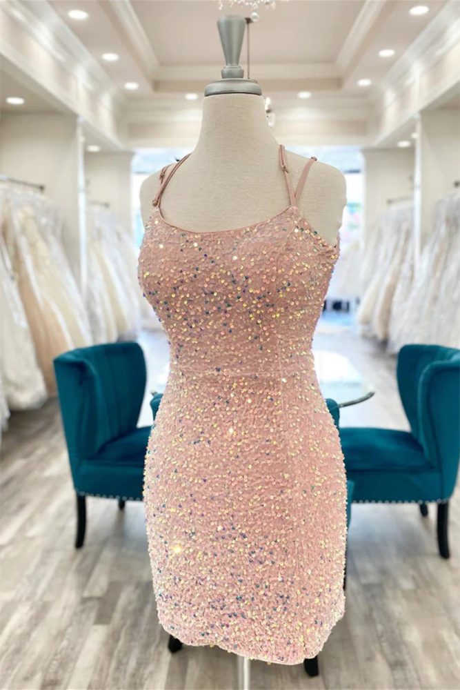 Blush Pink Sequin Bodycon Homecoming Dress with Lace-up