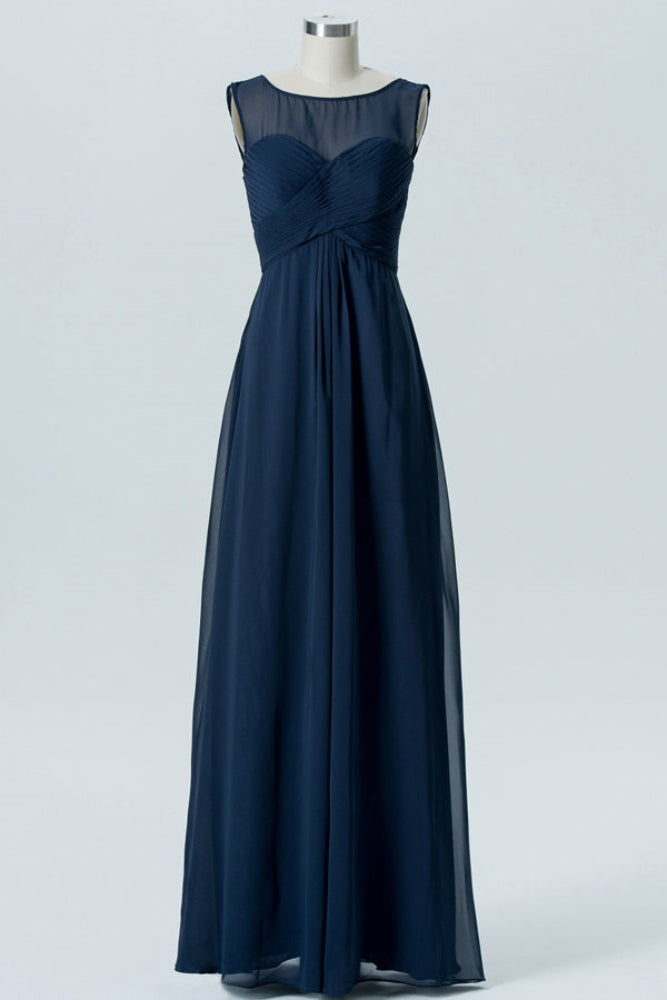 Dark Navy Crew Neck Chiffon Long Bridesmaid Dress