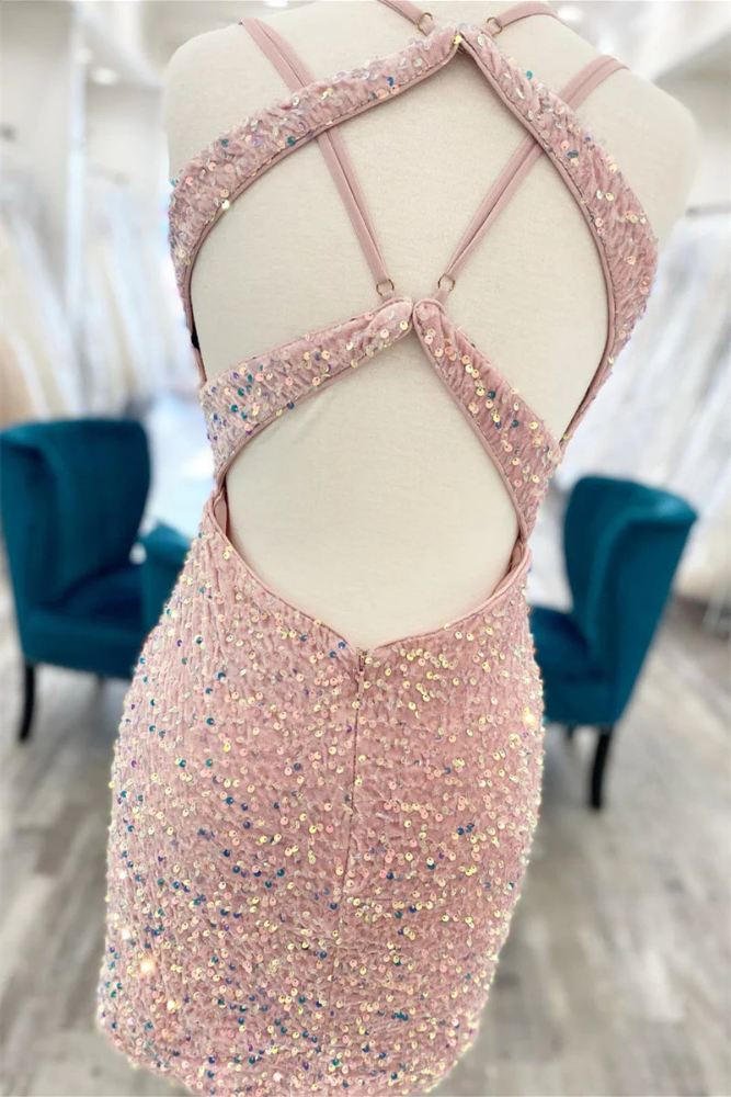 Blush Pink Sequin Bodycon Homecoming Dress with Lace-up