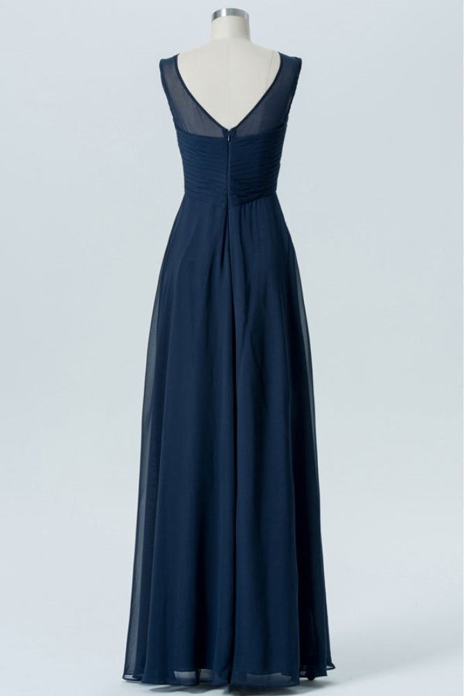 Dark Navy Crew Neck Chiffon Long Bridesmaid Dress