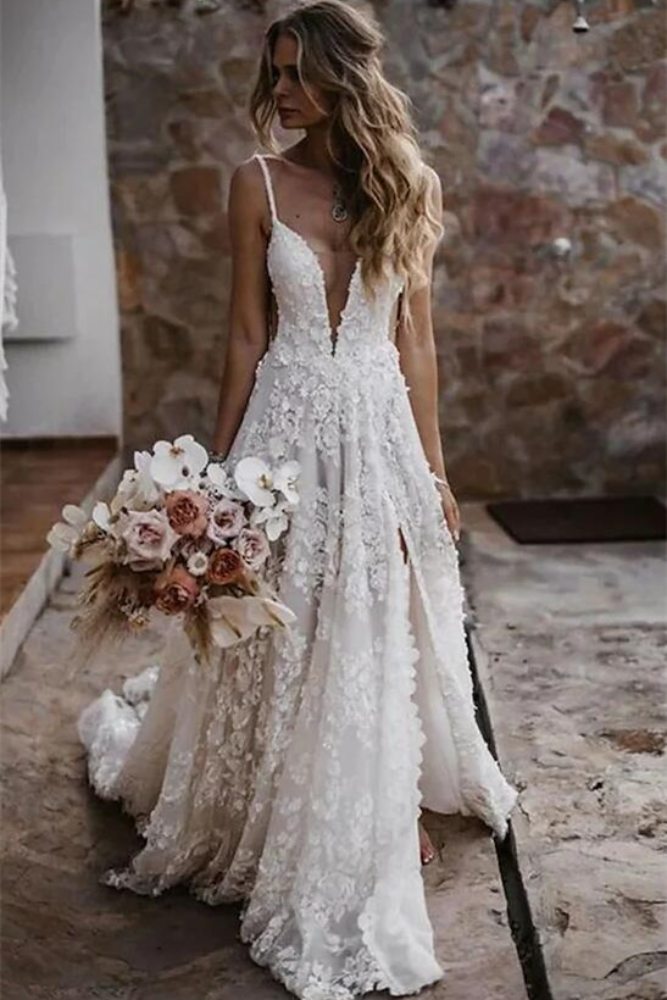 Ivory Plunging Neck Wedding Dress with 3D Floral