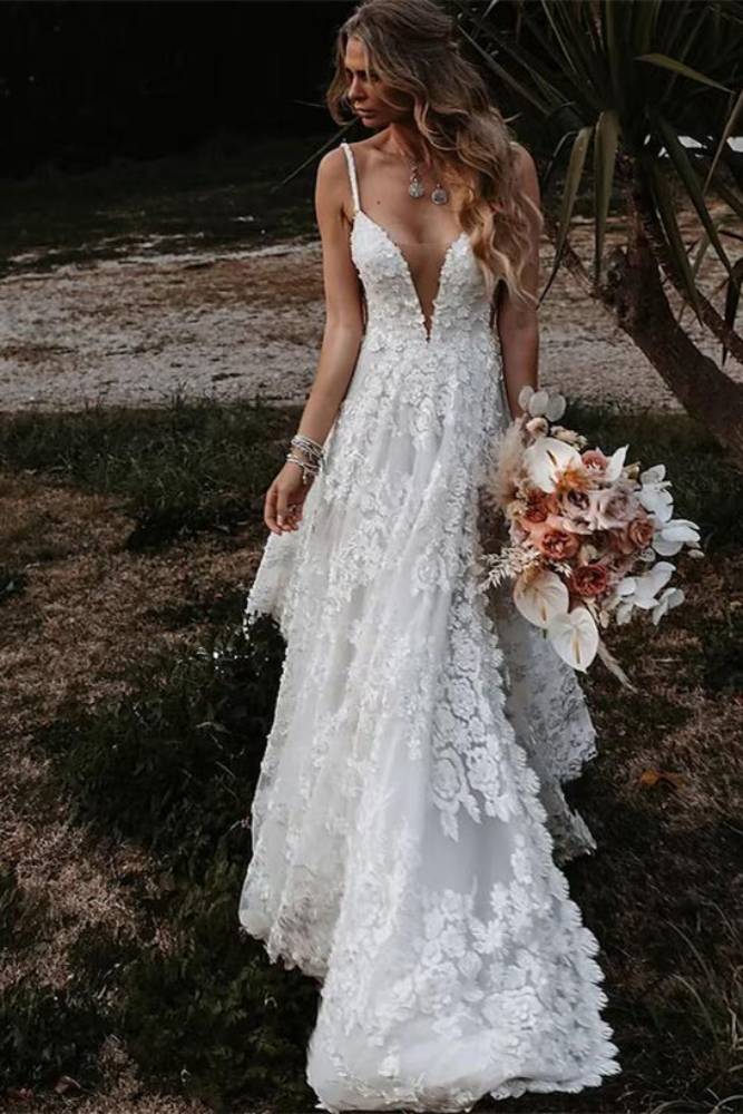 Ivory Plunging Neck Wedding Dress with 3D Floral