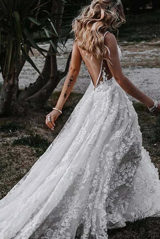 Ivory Plunging Neck Wedding Dress with 3D Floral