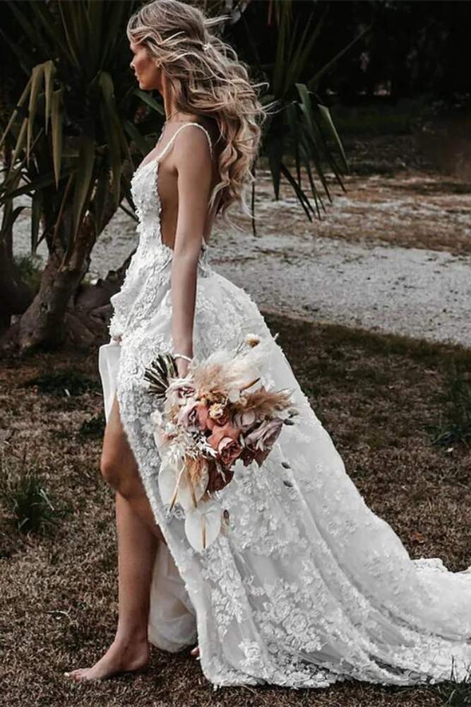 Ivory Plunging Neck Wedding Dress with 3D Floral – Movousdress Ivory Plunging Neck Wedding Dress with 3D Floral – Movousdress