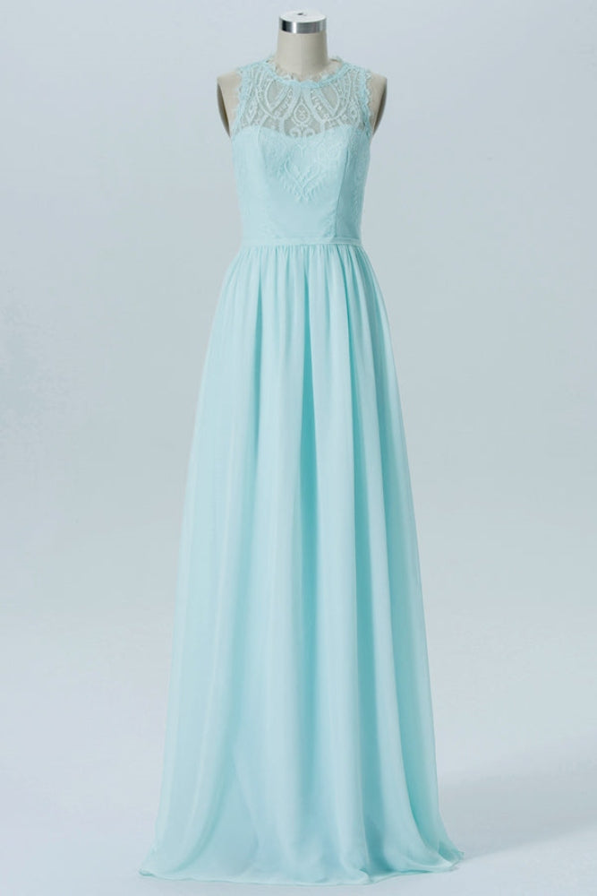 Mint Blue Halter Long Bridesmaid Dress with Lace Top