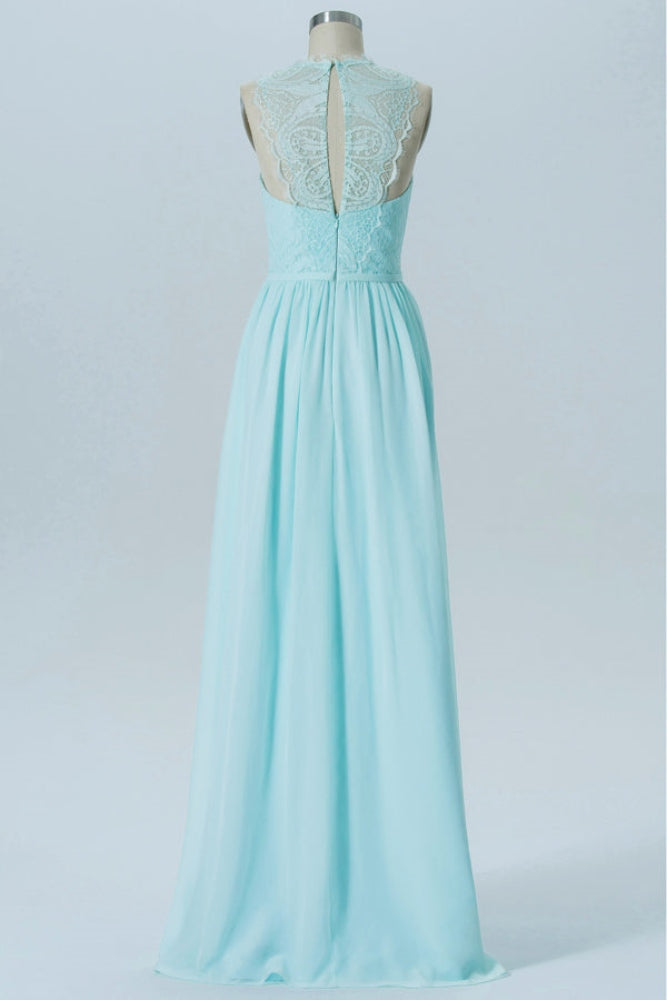 Mint Blue Halter Long Bridesmaid Dress with Lace Top