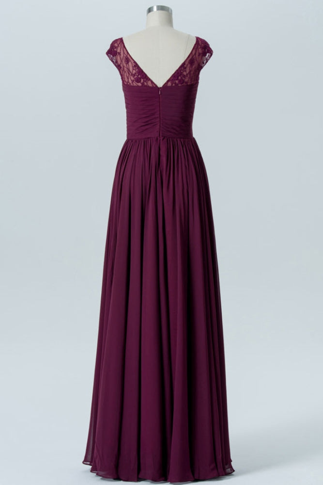 Magenta Cap Sleeves Lace A-Line Bridesmaid Dress