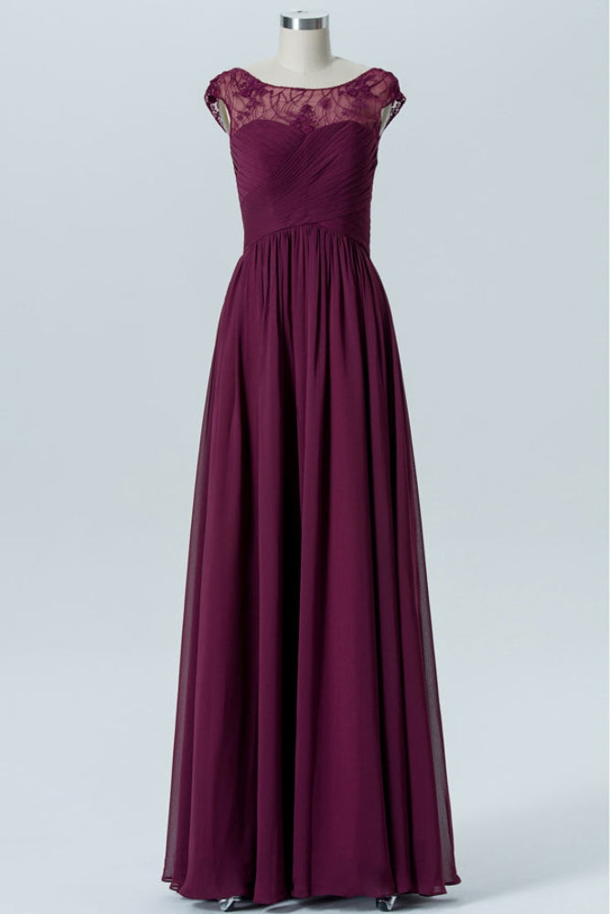 Magenta Cap Sleeves Lace A-Line Bridesmaid Dress