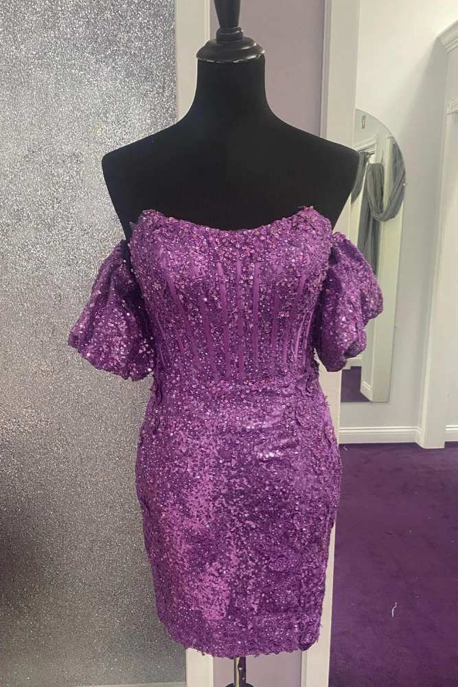 Strapless Purple Sequin Homecoming Dress with Detachable Sleeve