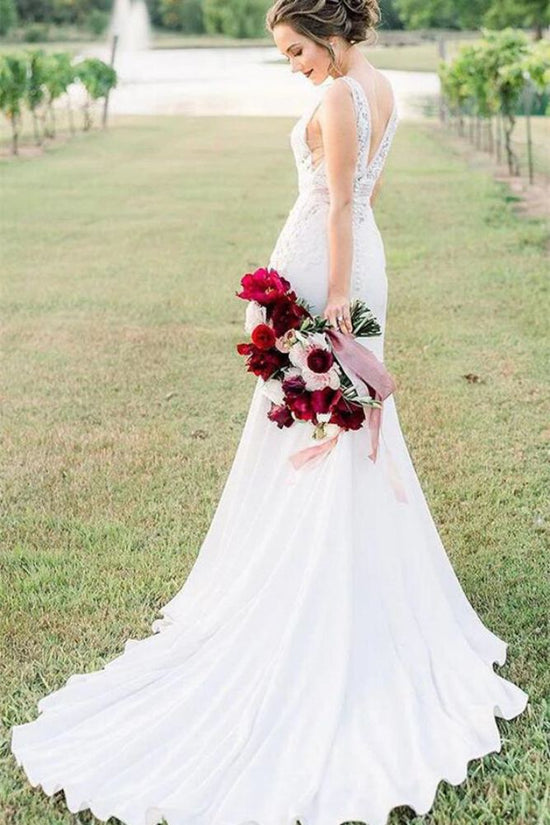 White V-Neck Satin Long Mermaid Bridal Dress