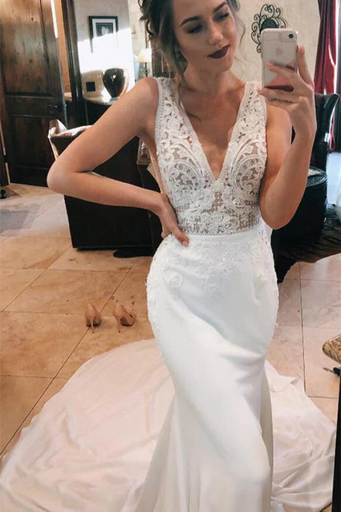 White V-Neck Satin Long Mermaid Bridal Dress