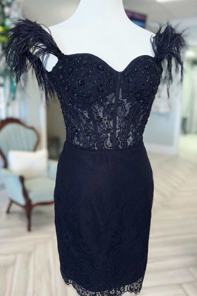 Black Lace Beading Tight Homecoming Dress with Feathers