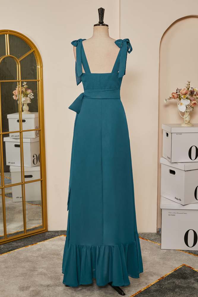 Bow Tie Straps Teal Ruffled A-line Long Bridesmaid Dress