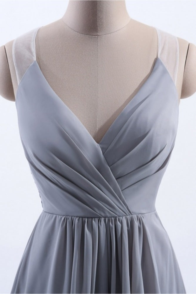 Silver V-Neck Ruffle Bridesmaid Dress with Back Applique