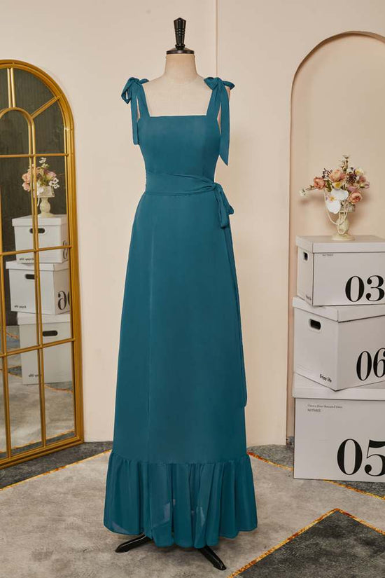 Bow Tie Straps Teal Ruffled A-line Long Bridesmaid Dress