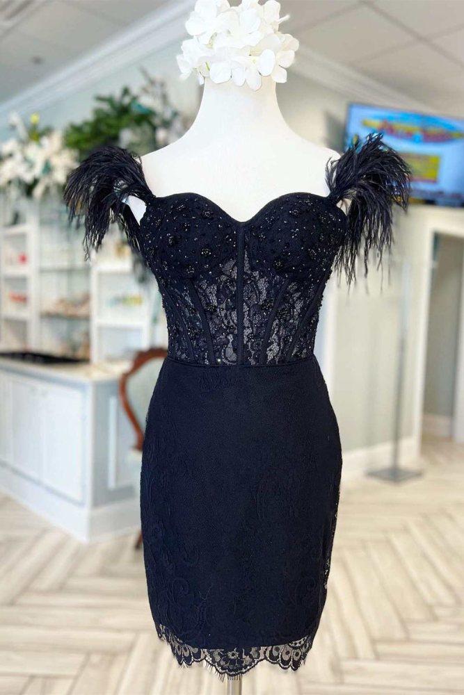 Black Lace Beading Tight Homecoming Dress with Feathers