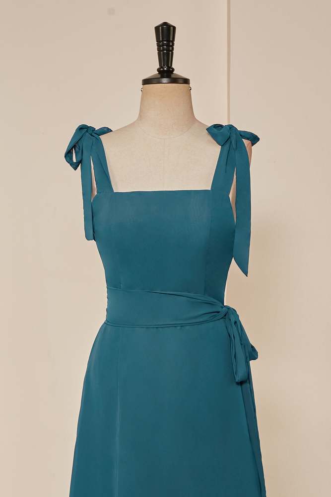 Bow Tie Straps Teal Ruffled A-line Long Bridesmaid Dress