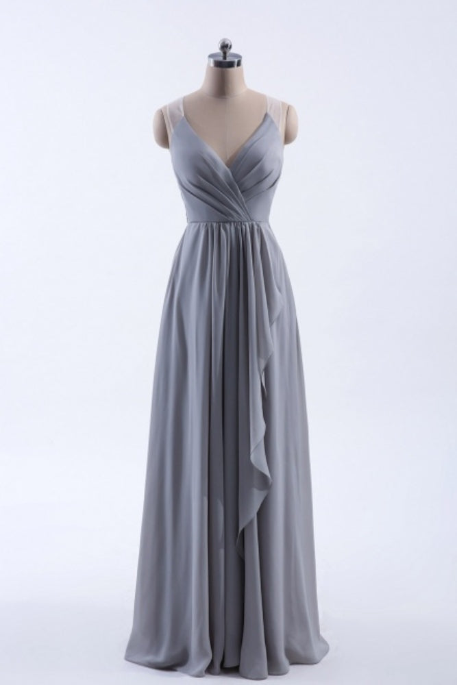 Silver V-Neck Ruffle Bridesmaid Dress with Back Applique