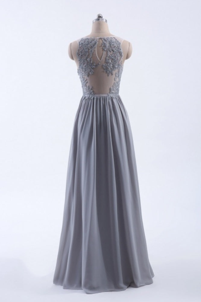 Silver V-Neck Ruffle Bridesmaid Dress with Back Applique